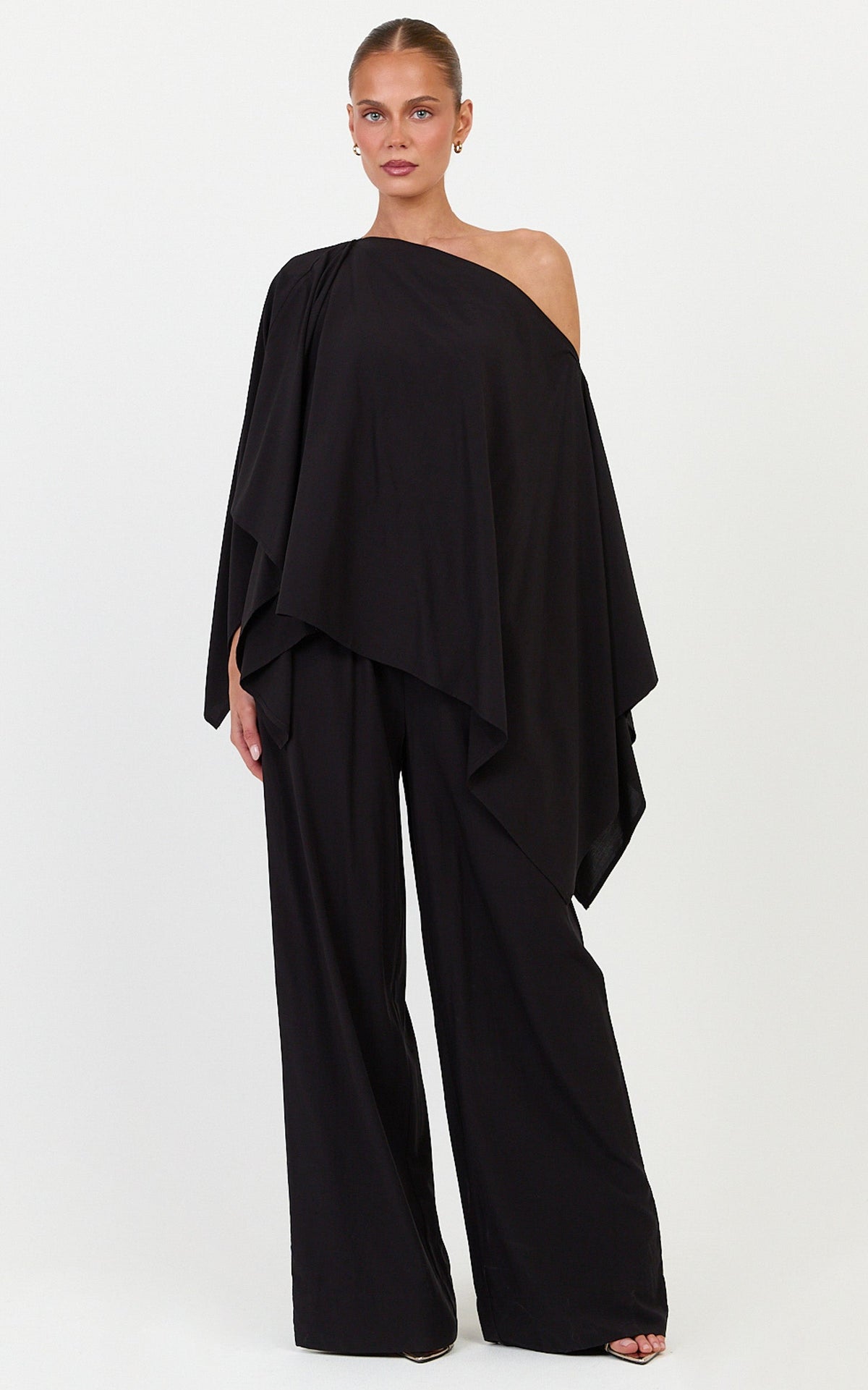 Beatrice Two Piece Top and Pants Set - Off Shoulder Cape Top and Pants Set in Black