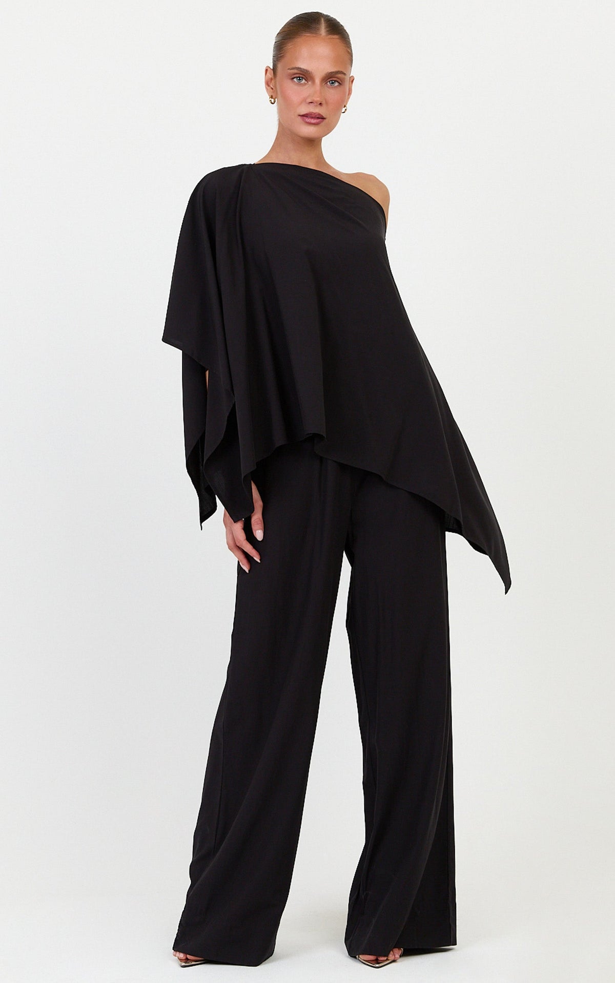 Beatrice Two Piece Top and Pants Set - Off Shoulder Cape Top and Pants Set in Black