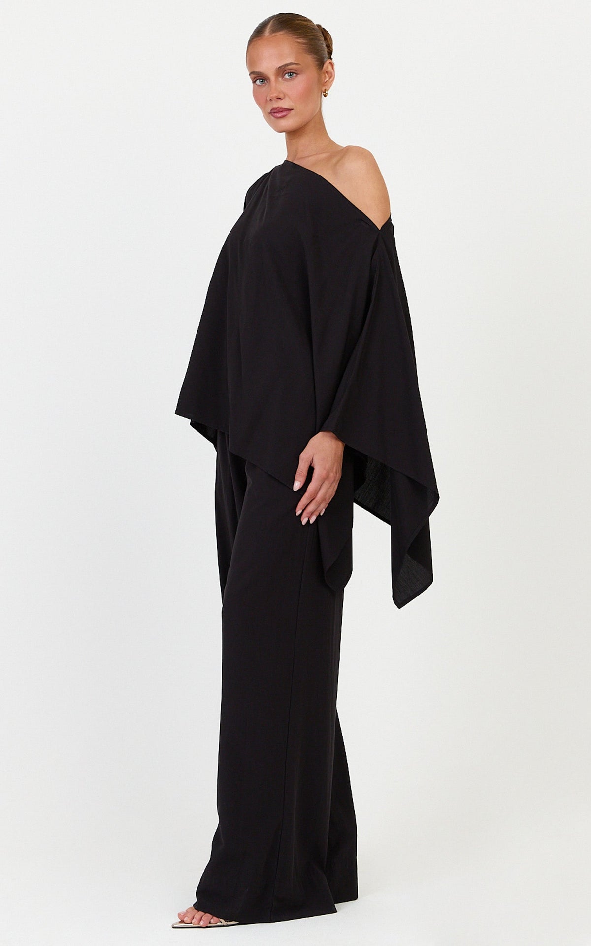 Beatrice Two Piece Top and Pants Set - Off Shoulder Cape Top and Pants Set in Black