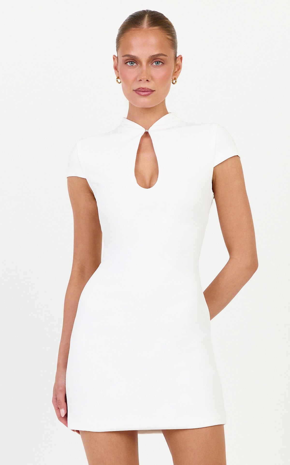 Briony Mini Dress - High Neck Front Key Hole Fitted Dress in White