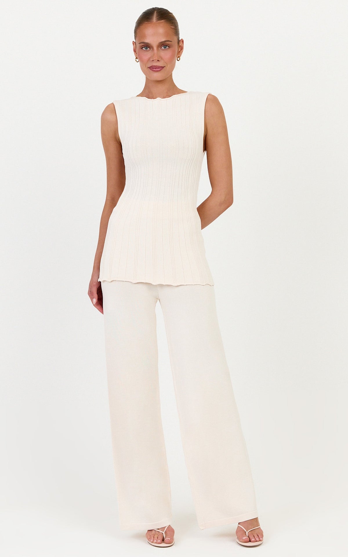 Elodie Two Piece Set - Rib Knit Top and Pant Set in Off White
