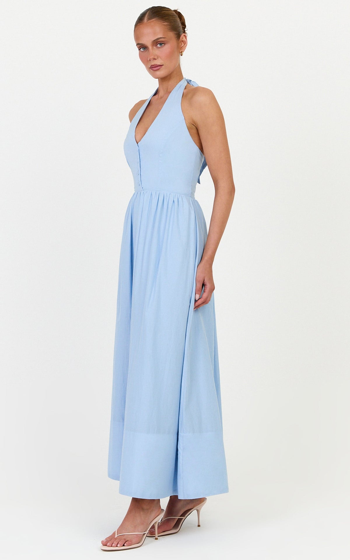 Everly Midi Dress - Tie Halter Neck Button Down Bodice Fit And Flare Dress in Cornflower Blue