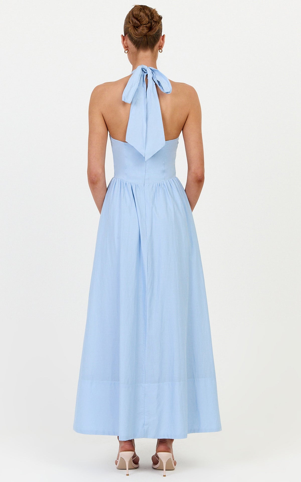 Everly Midi Dress - Tie Halter Neck Button Down Bodice Fit And Flare Dress in Cornflower Blue