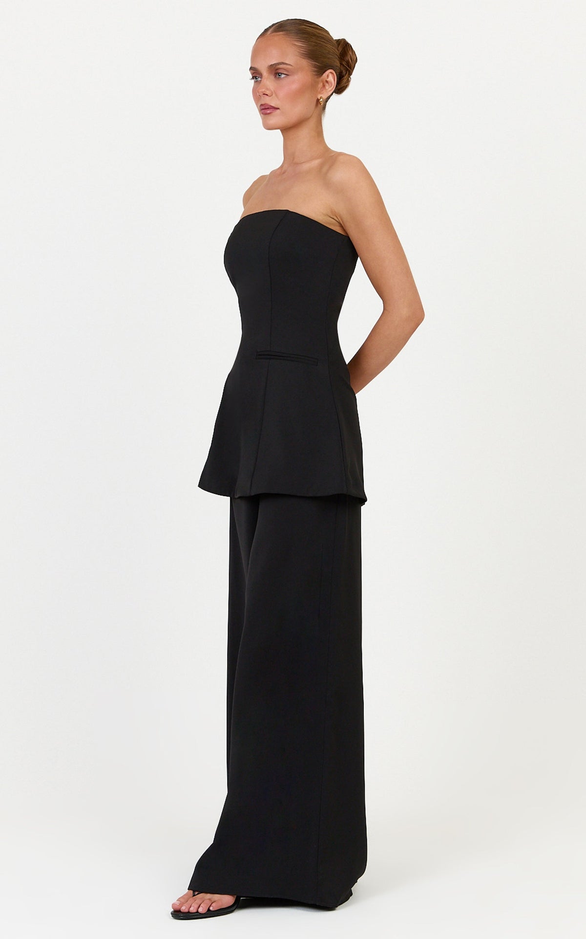 Jane Two Piece Top and Pants Set - Strapless Longline Top and Wide Leg Pants Set in Black