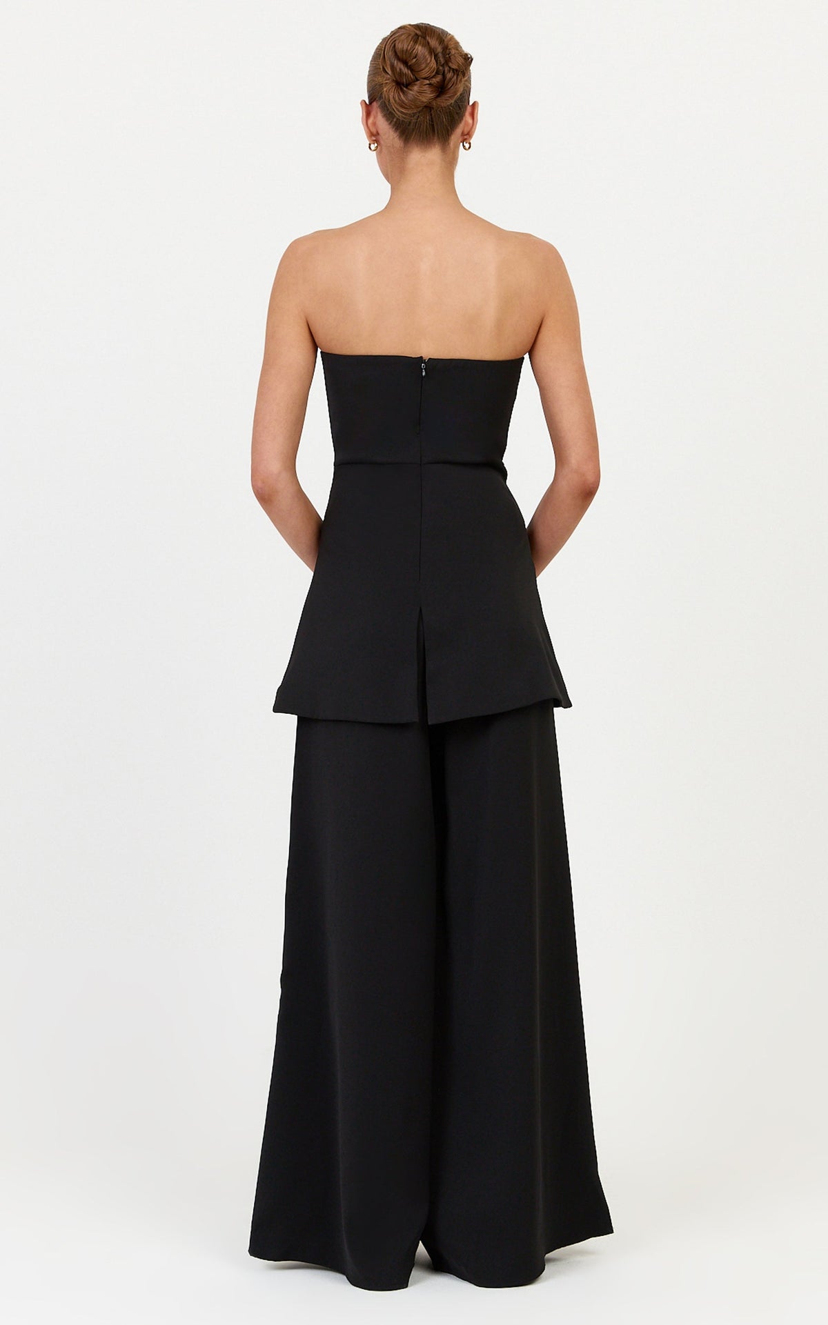 Jane Two Piece Top and Pants Set - Strapless Longline Top and Wide Leg Pants Set in Black