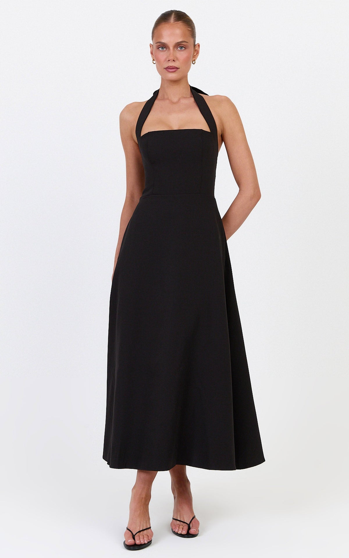 Karissa Midi Dress - Halter Neck Fit and Flare Midi Dress in Black