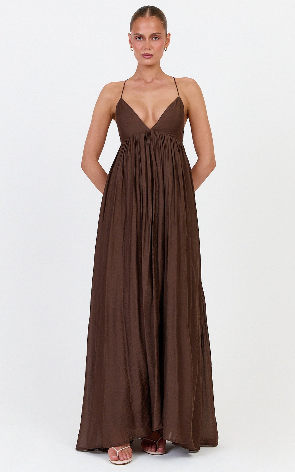 Kourtney Maxi Dress - V Neck Fit And Flare Dress With Tie Back Detail in Chocolate