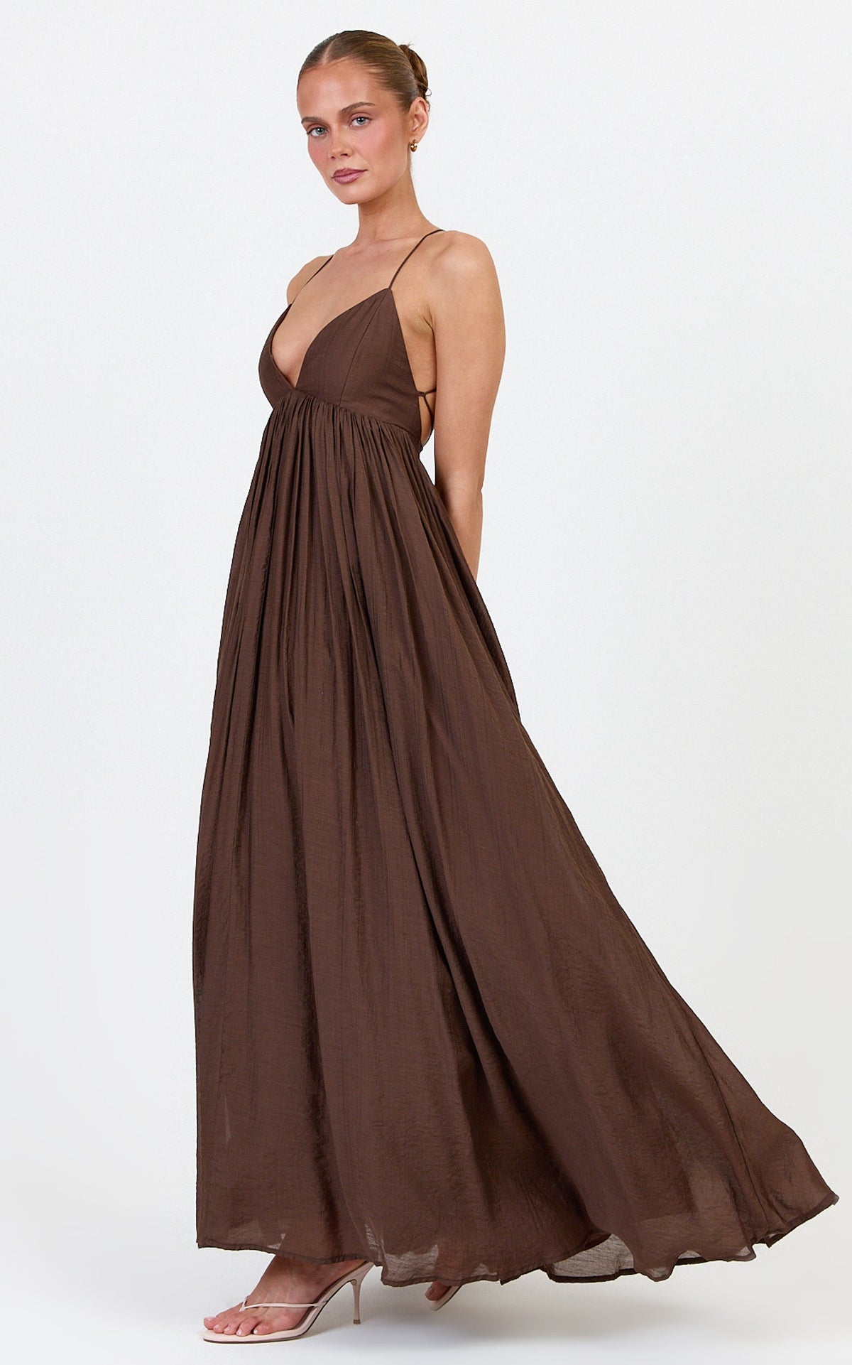 Kourtney Maxi Dress - V Neck Fit And Flare Dress With Tie Back Detail in Chocolate