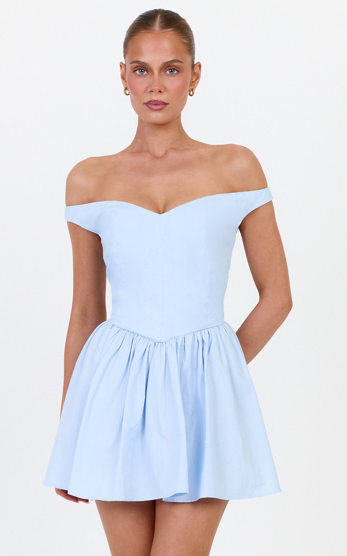 Lacey Mini Dress - Off Shoulder Gathered Waist Dress in Blue