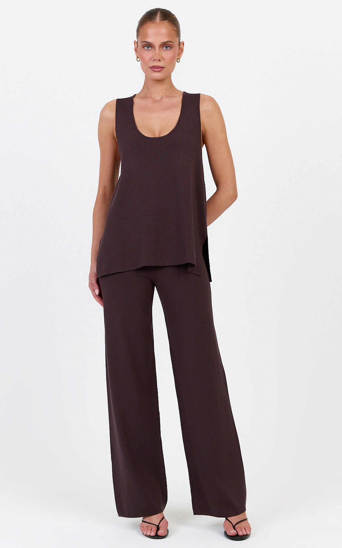 Leonie Two Piece Set - Knit Shell Top and Pant Set in Chocolate