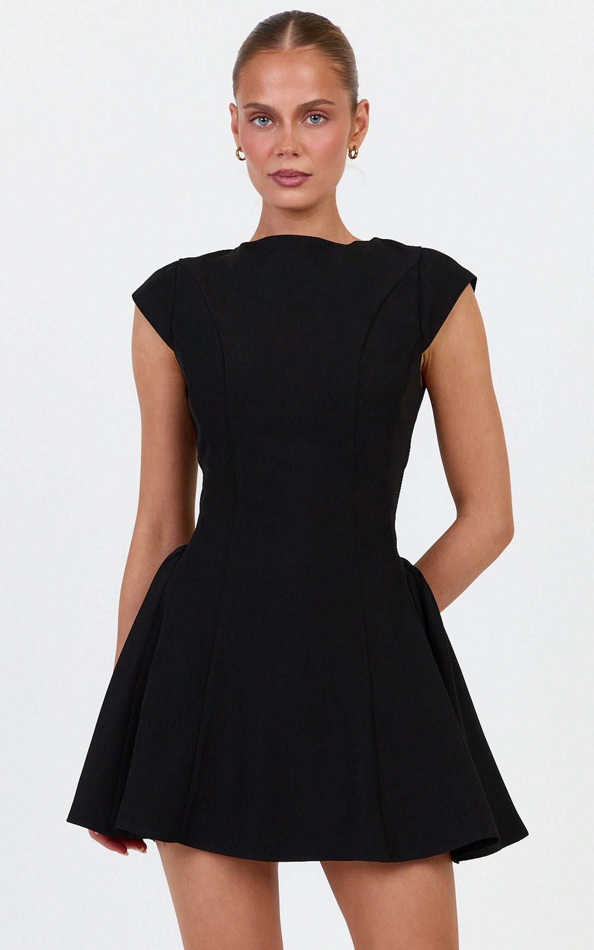 Lorayne Mini Dress - Cap Sleeve Gathered Hip Tie Back Mini Dress in Black