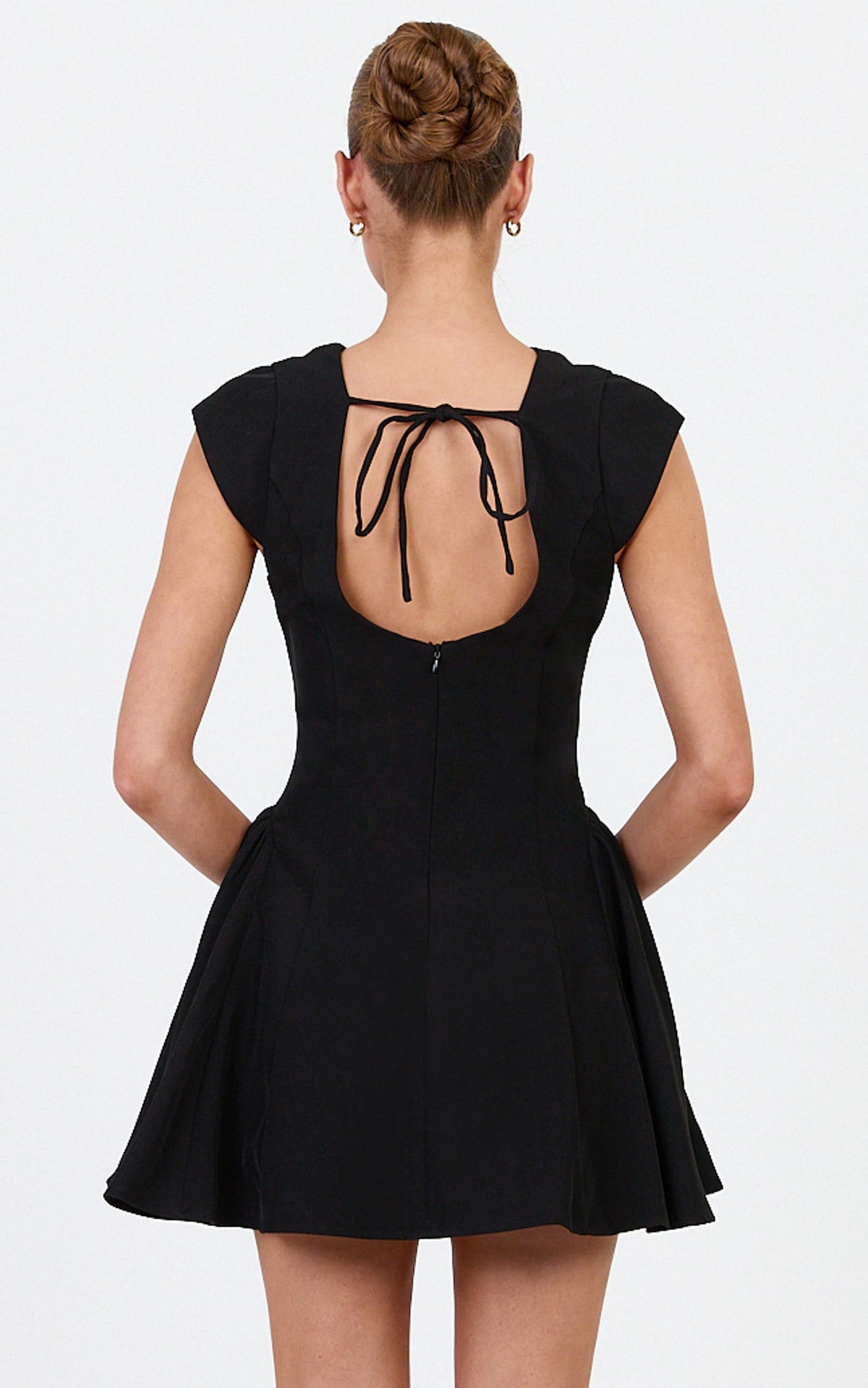 Lorayne Mini Dress - Cap Sleeve Gathered Hip Tie Back Mini Dress in Black