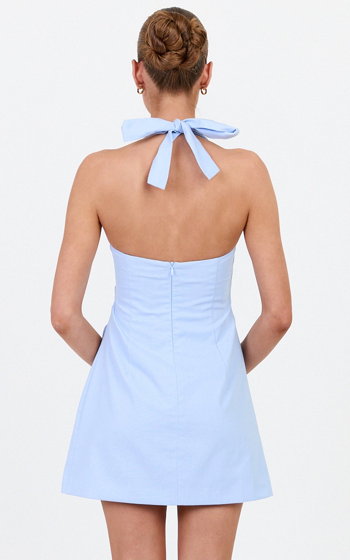 Tamika Mini Dress - Halter Neck Gathered A Line Mini Dress in Cornflower Blue