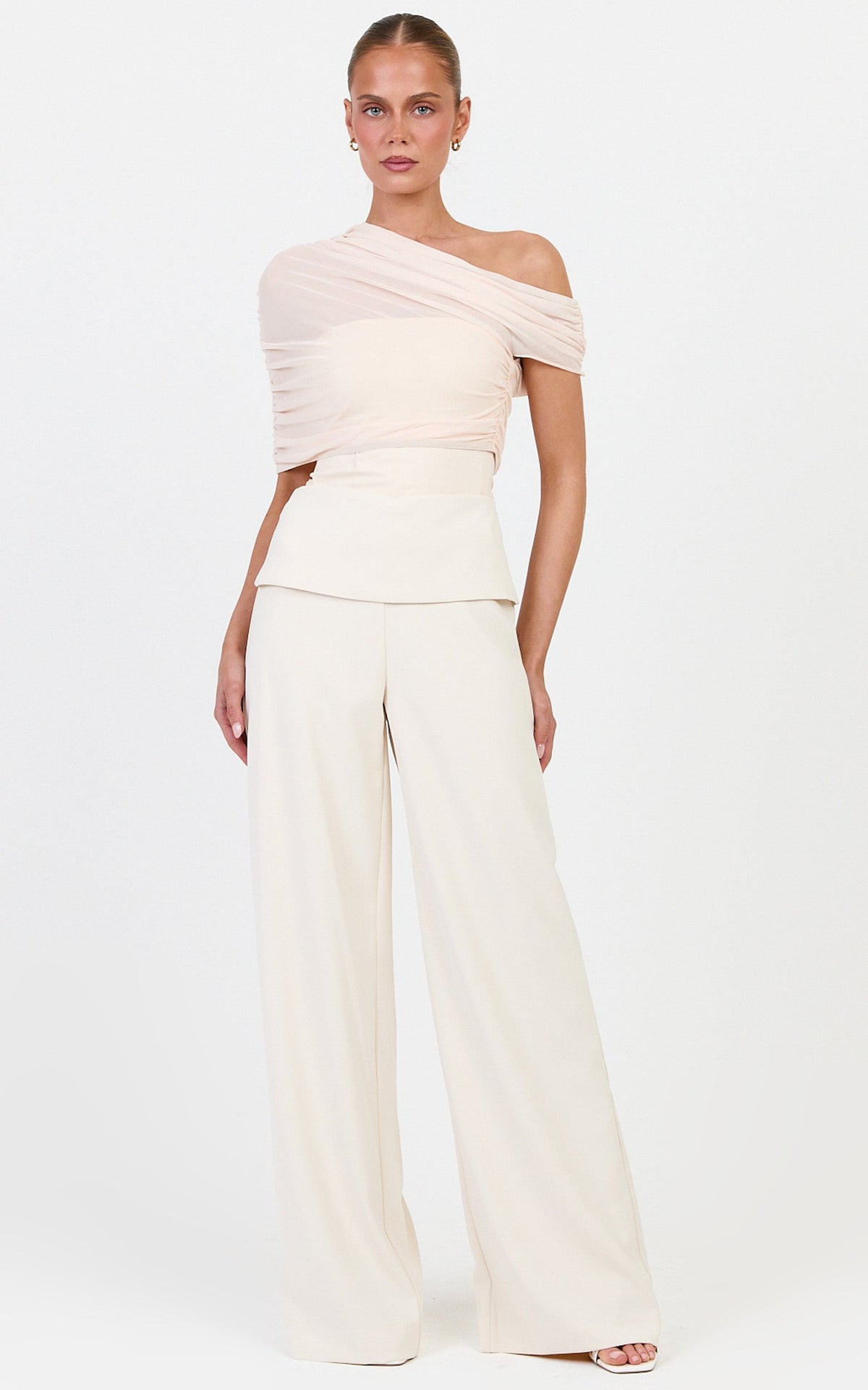 Violet Pants - Folded Waistband Wide Leg Pants in Cream