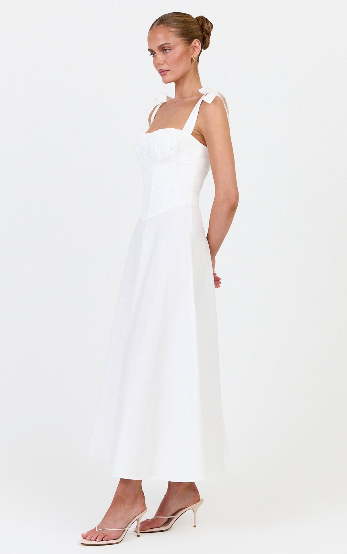 Vionette Midi Dress - Tie Shoulder Ruched Bust Corset Dress in White