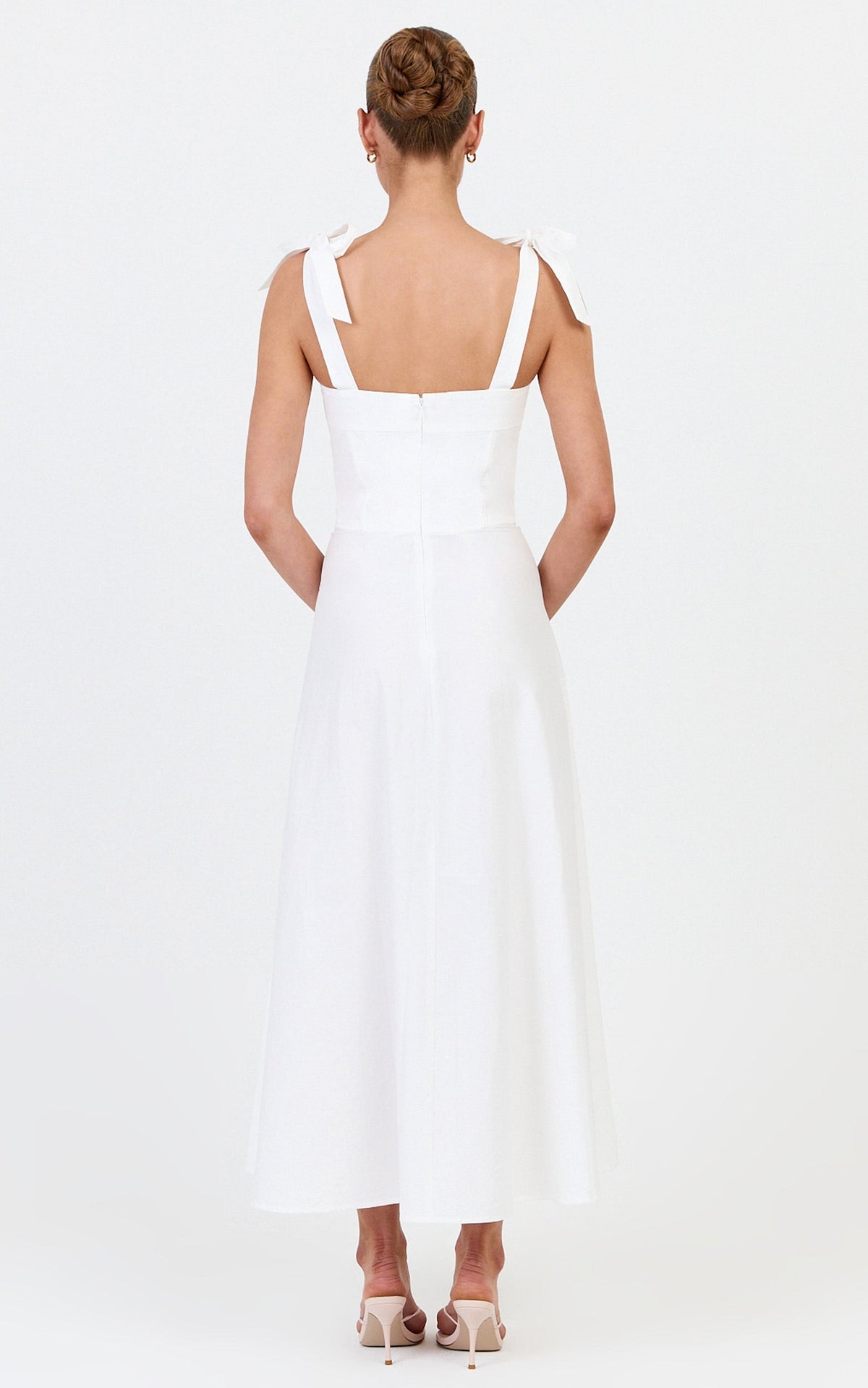 Vionette Midi Dress - Tie Shoulder Ruched Bust Corset Dress in White
