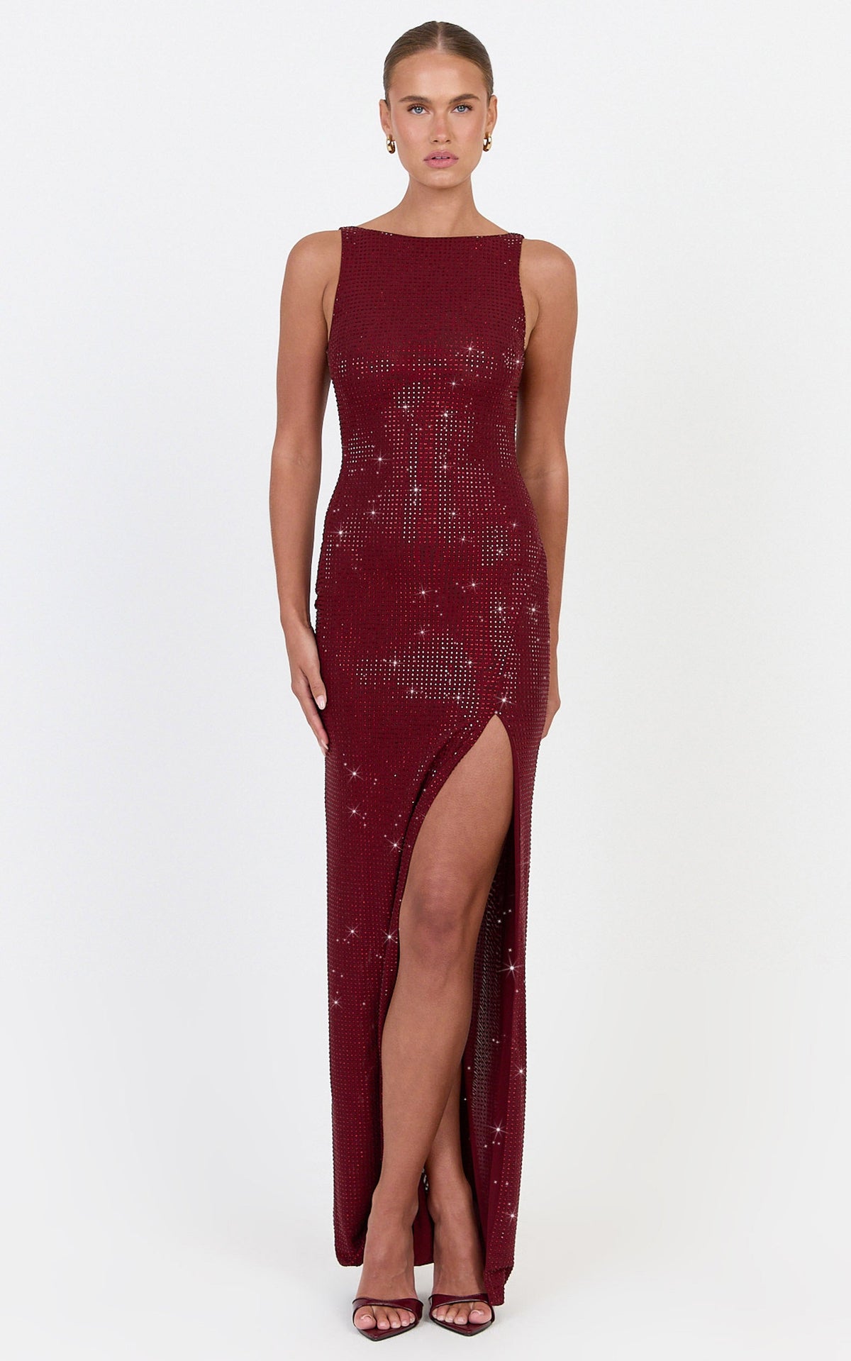 Quinn Maxi Dress - Backless Hotfix Boat Neck Dress in Wine