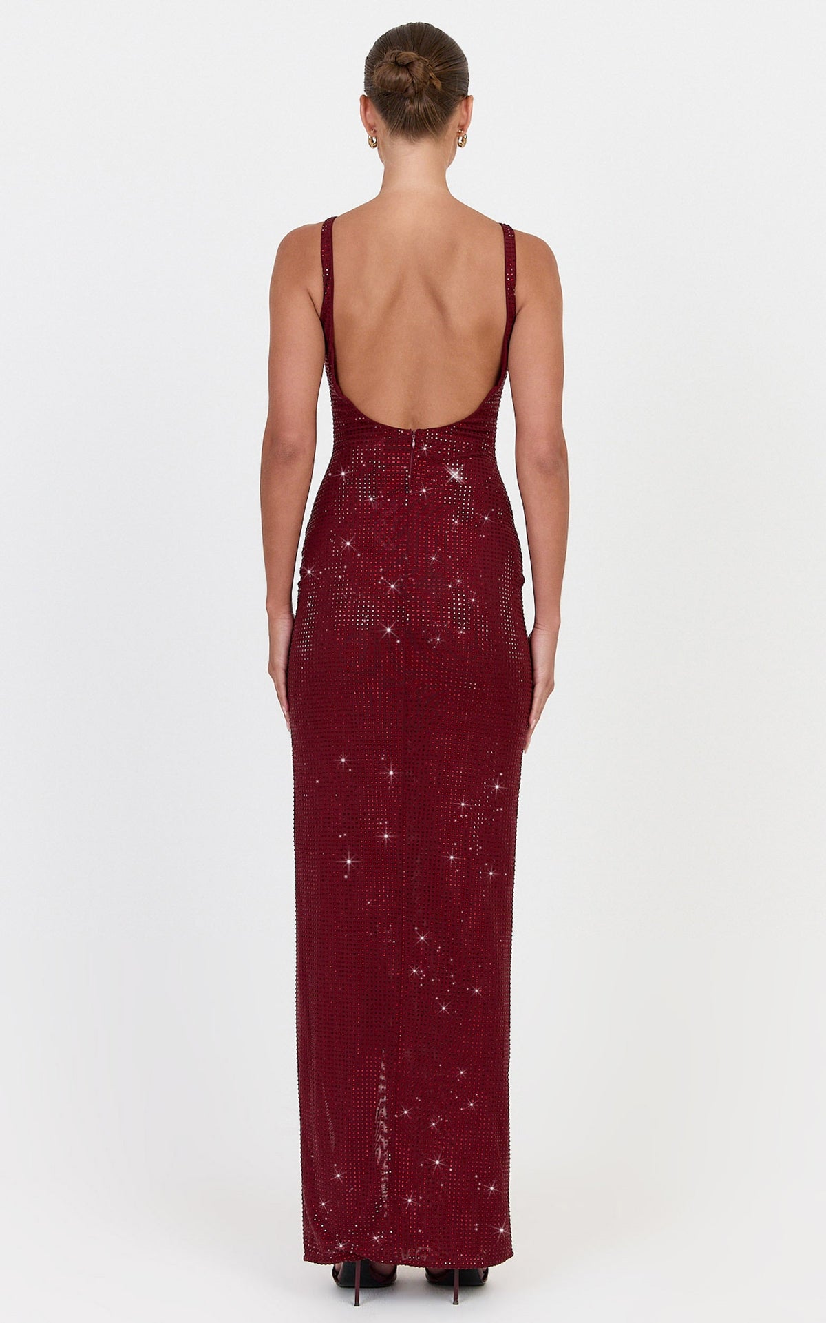 Quinn Maxi Dress - Backless Hotfix Boat Neck Dress in Wine
