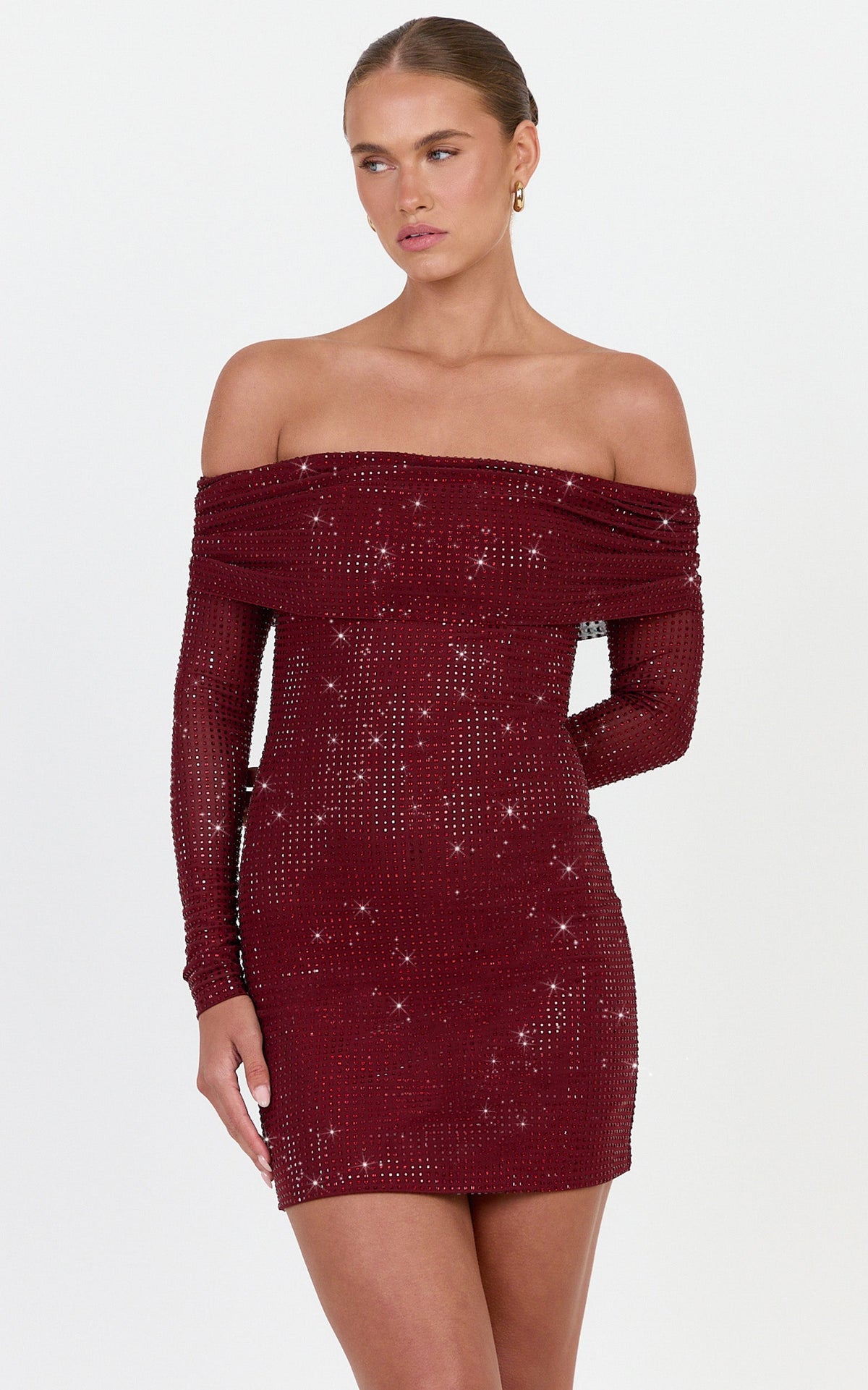 Quinn Mini Dress - Hotfix Off Shoulder Long Sleeve Dress in Wine