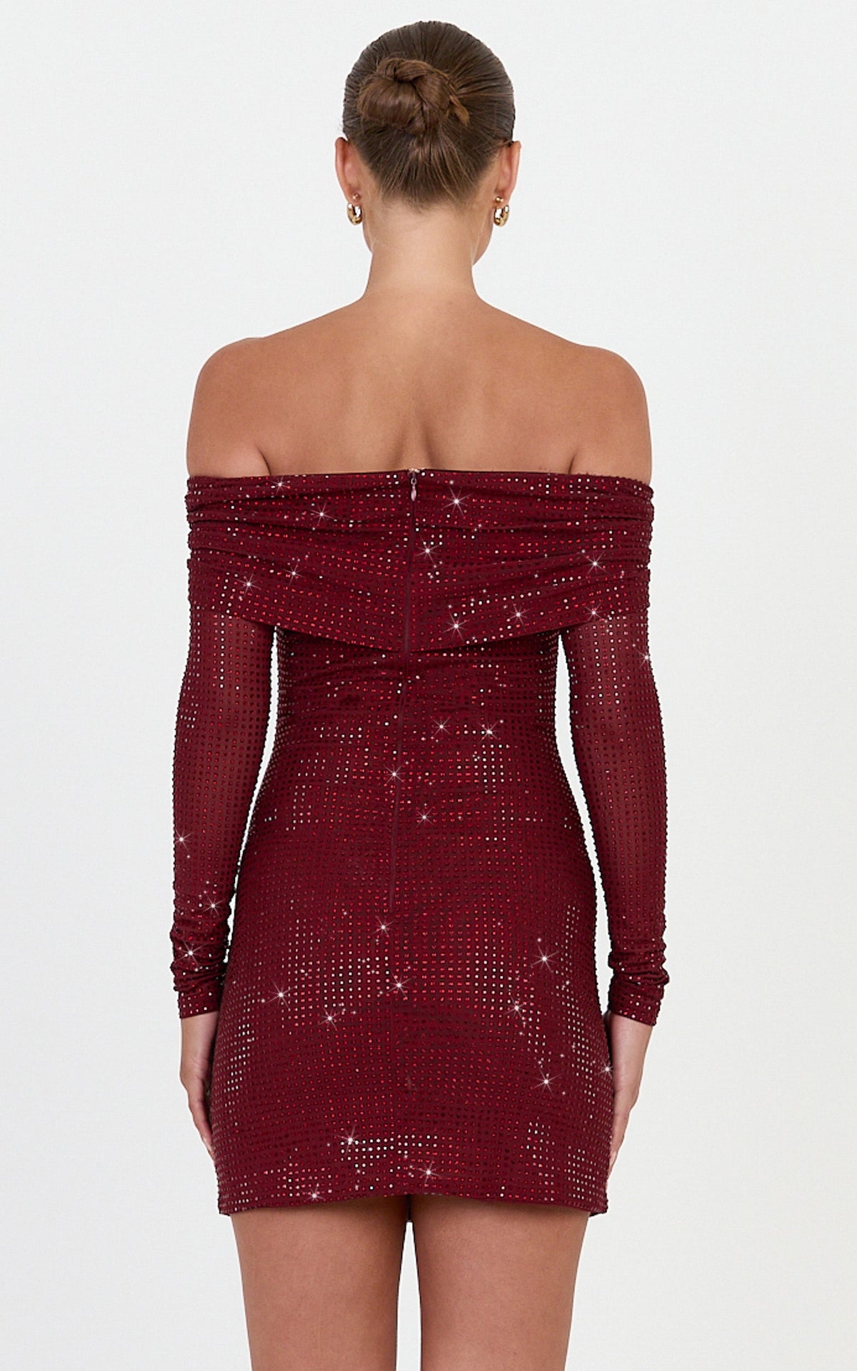 Quinn Mini Dress - Hotfix Off Shoulder Long Sleeve Dress in Wine