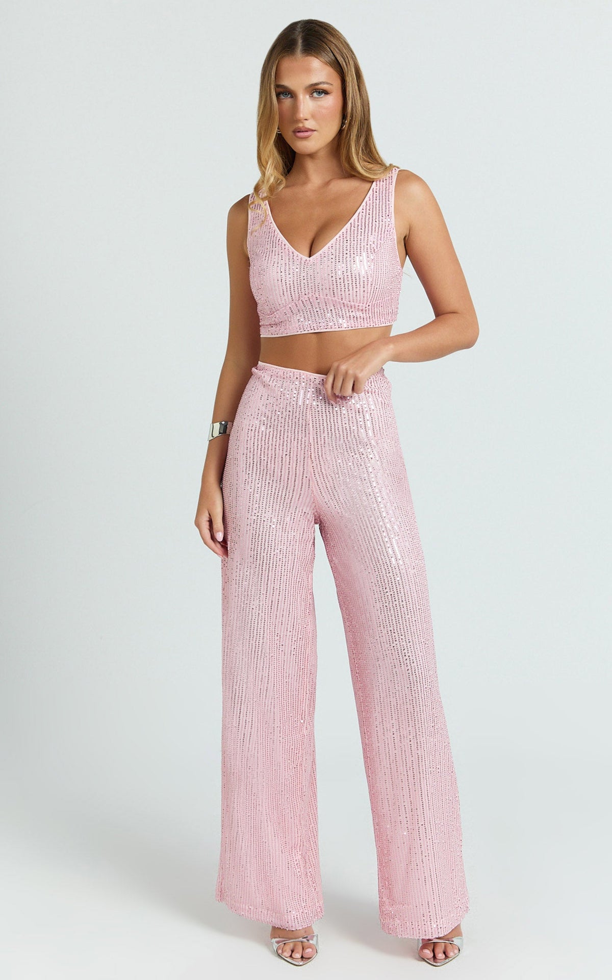 Abela Two Piece Set - Crop Top and Wide Leg Pants Set in Pink Sequin