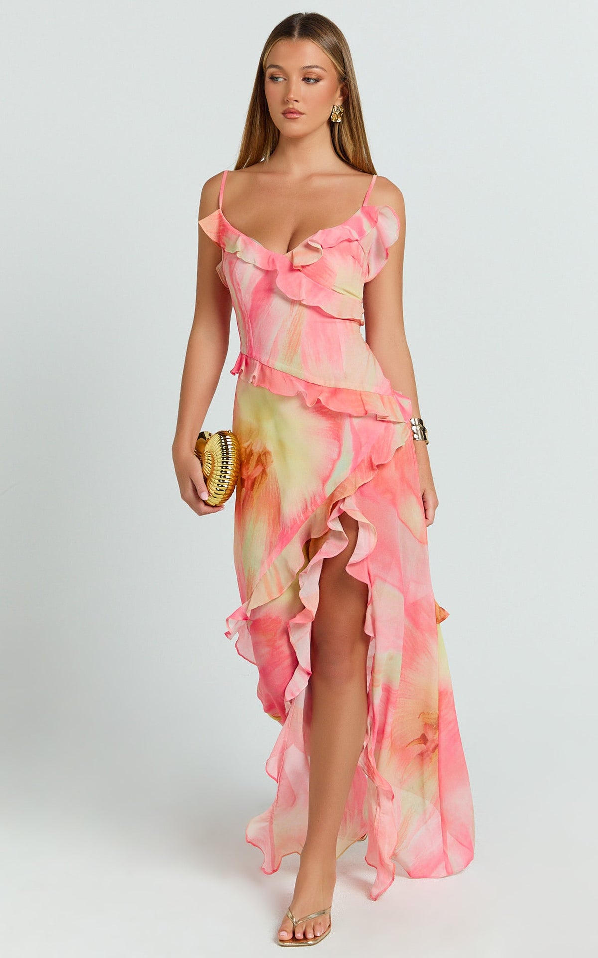 Adele Maxi Dress - Strappy V Neck Ruffle Tiered Dress in Regency Print
