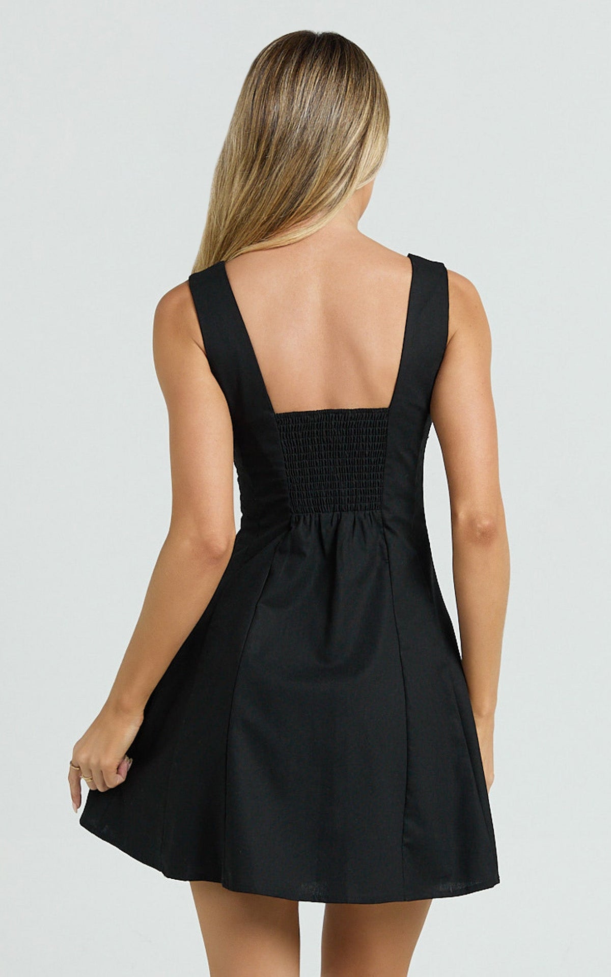 Adiana Mini Dress - Linen Square Neck Shirred Back A Line Dress in Black