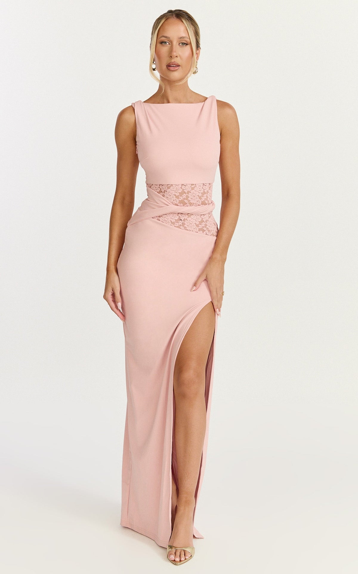 Alberta Maxi Dress - Spliced Sheer Lace Column Dress in Pink