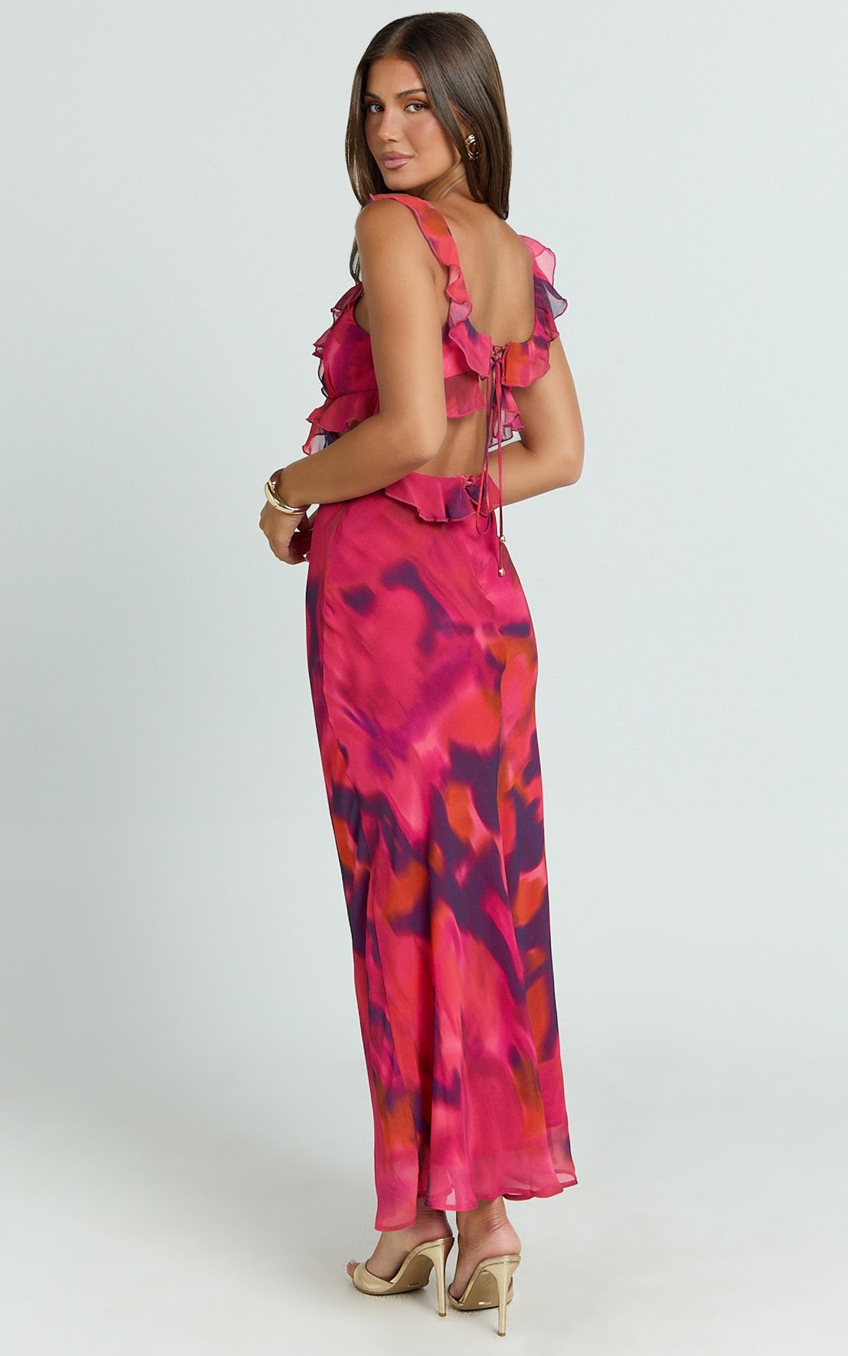 Alessa Midi Dress - V Neck Frill Detail Empire Waist Back Cut Out Dress in Adeana Print
