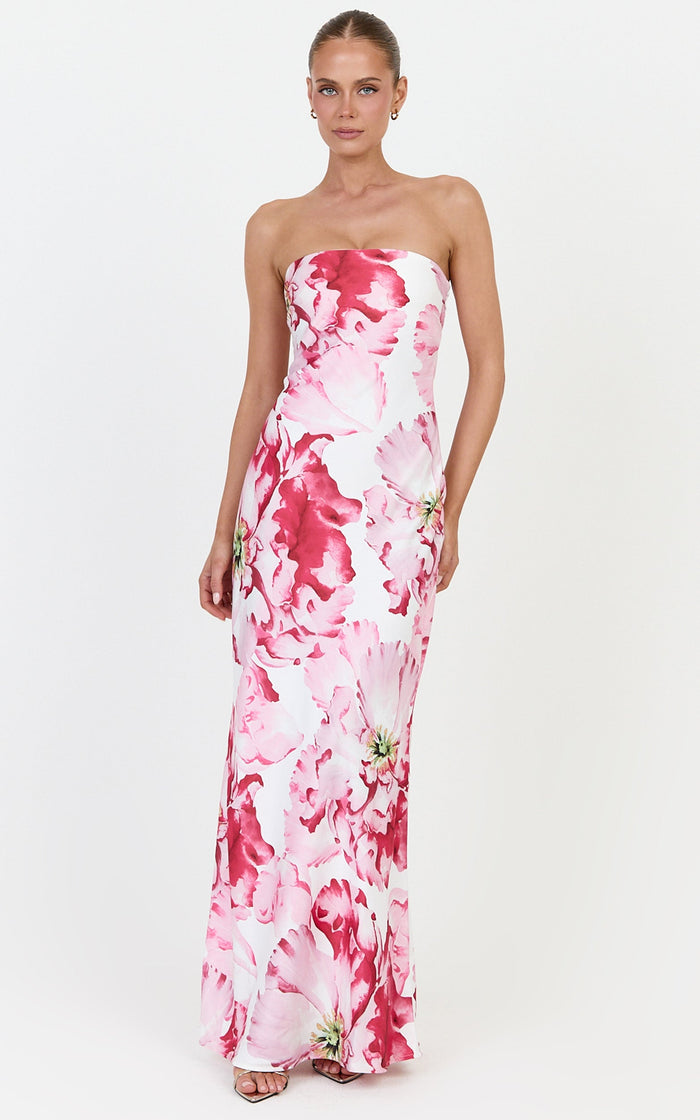 Alessia Maxi Dress - Strapless Fitted Dress in Poppy On White Print