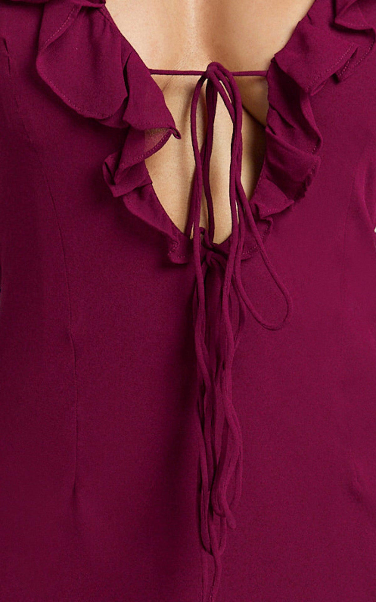 Alesya Mini Dress - Ruffle Plunge Neck Long Sleeve Tie Detail Dress in Wine