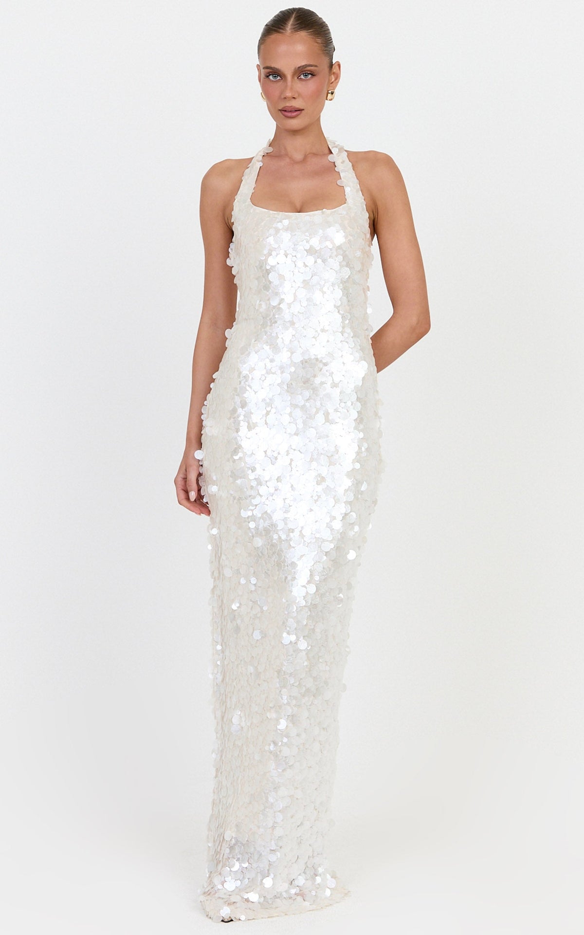 Alexandria Maxi Dress - Halter Neck Sequin Dress in Pearl