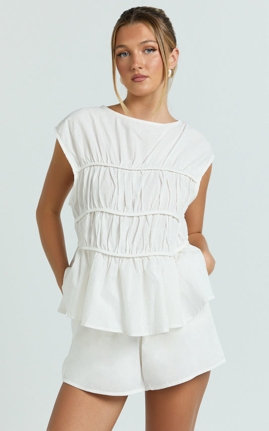 Alina Two Piece Set - Ruched Detail Top and Short Pants Set in White