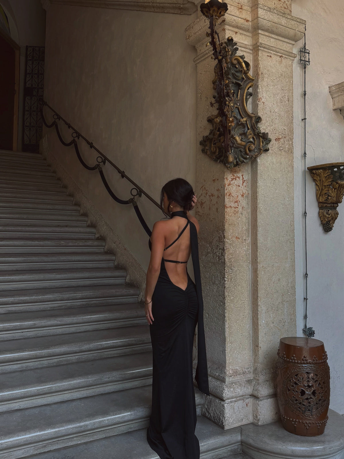 Seraphine Maxi Dress - Halter Neck Low Back Fit And Flare Dress in Black
