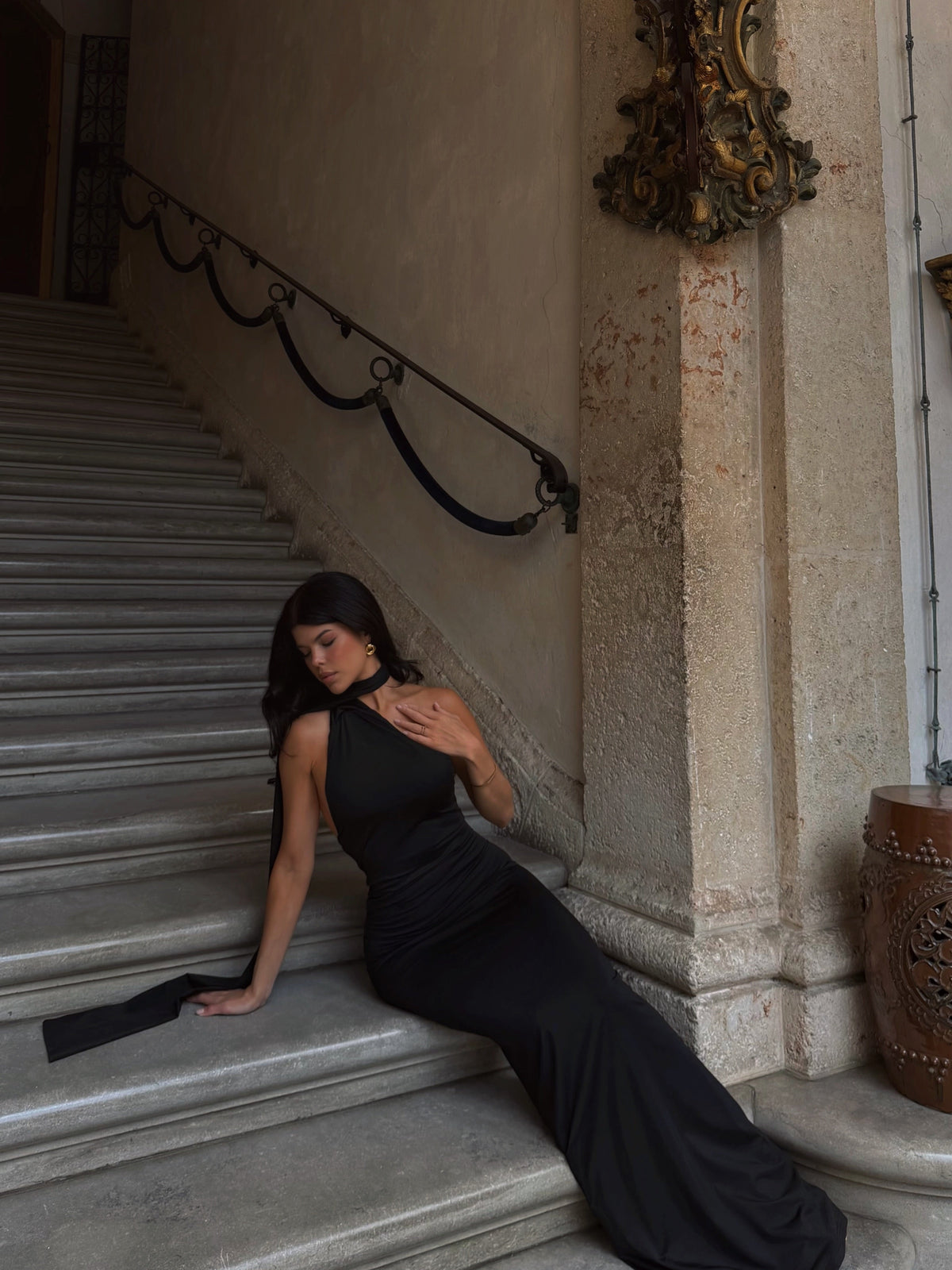 Seraphine Maxi Dress - Halter Neck Low Back Fit And Flare Dress in Black