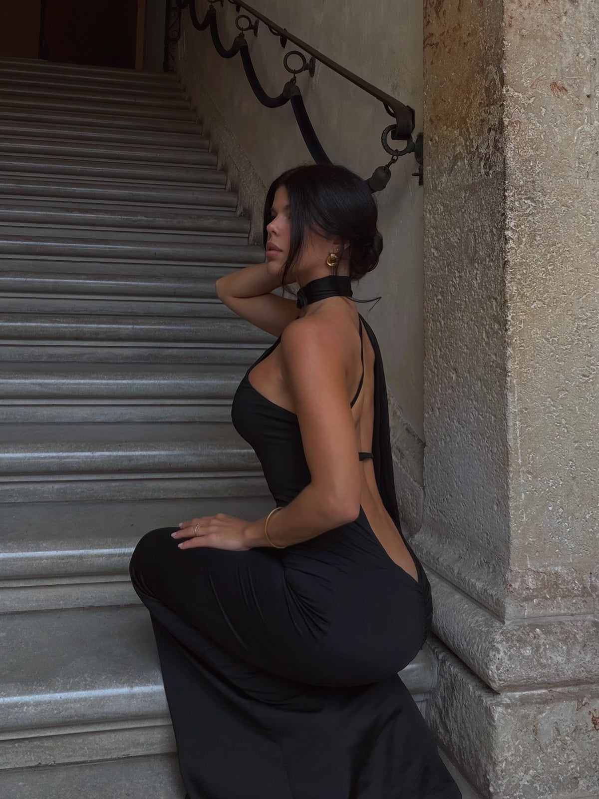 Seraphine Maxi Dress - Halter Neck Low Back Fit And Flare Dress in Black
