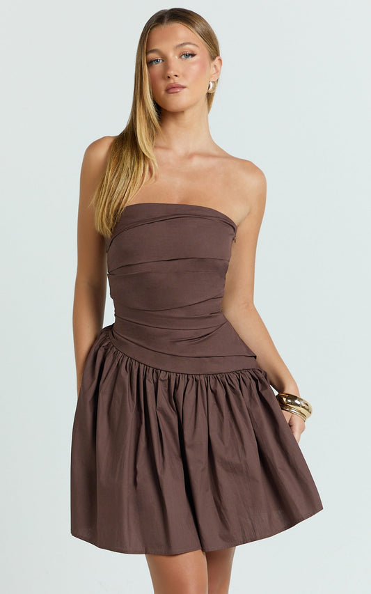 Almera Mini Dress - Strapless Ruched Dress in Chocolate