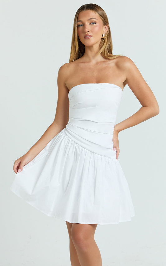 Almera Mini Dress - Strapless Ruched Dress in White