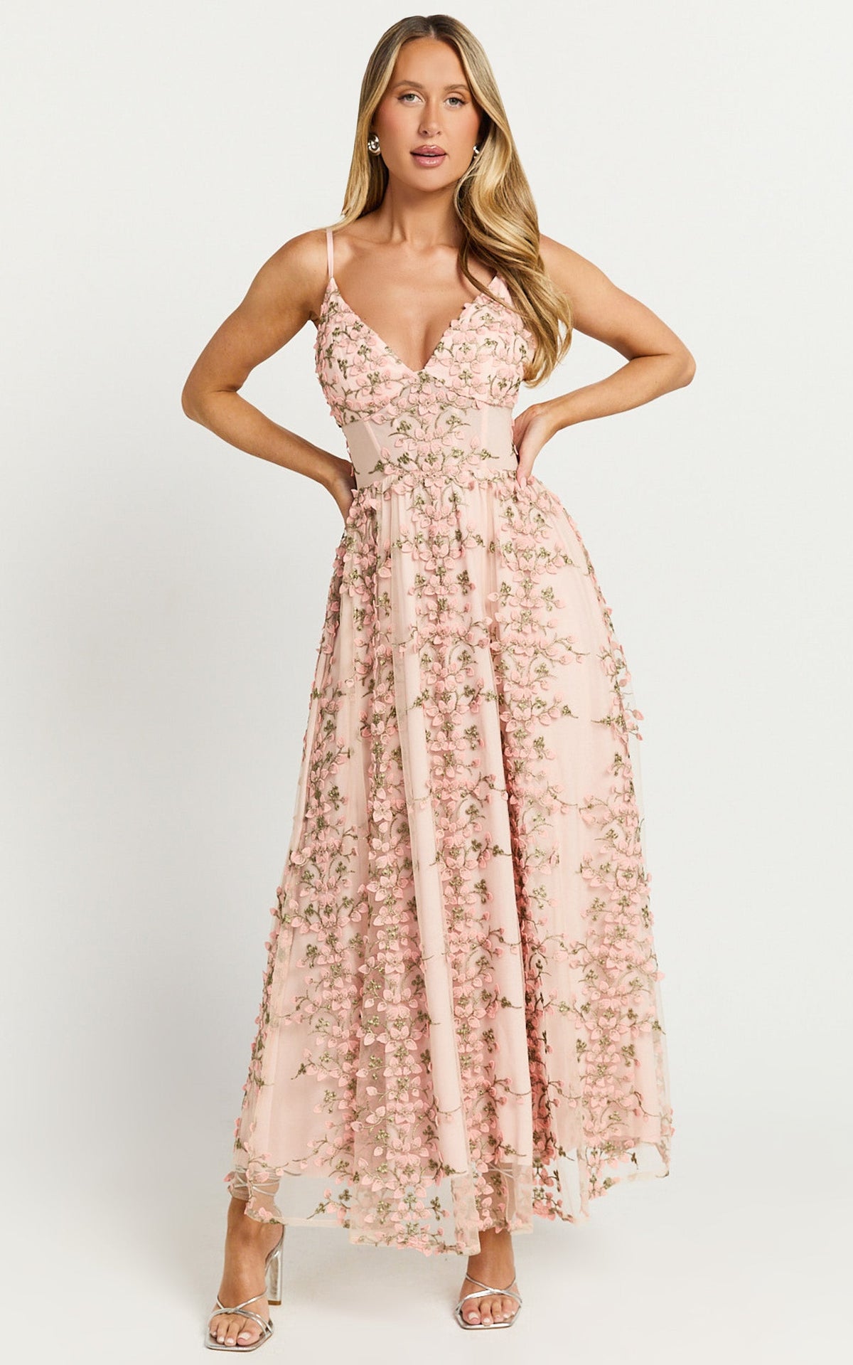 Amalie The Label - Lou V Neck Embroidered Tulle Midi Dress in Blush