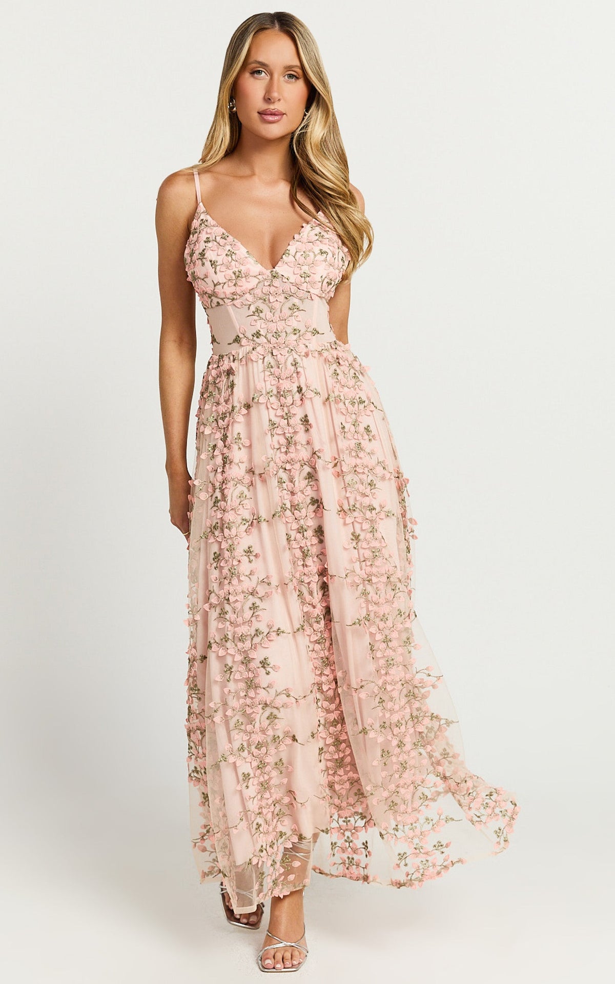 Amalie The Label - Lou V Neck Embroidered Tulle Midi Dress in Blush