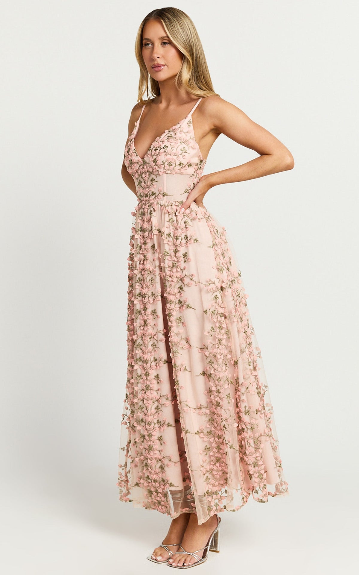 Amalie The Label - Lou V Neck Embroidered Tulle Midi Dress in Blush