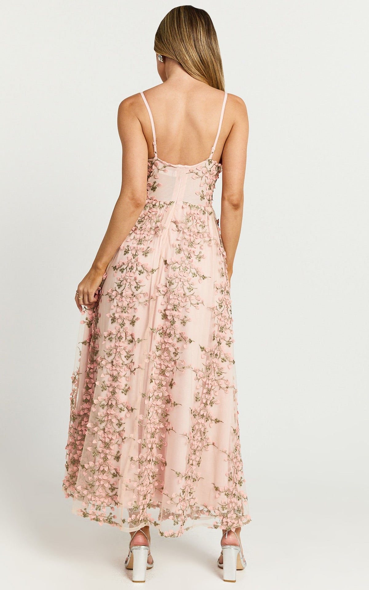 Amalie The Label - Lou V Neck Embroidered Tulle Midi Dress in Blush