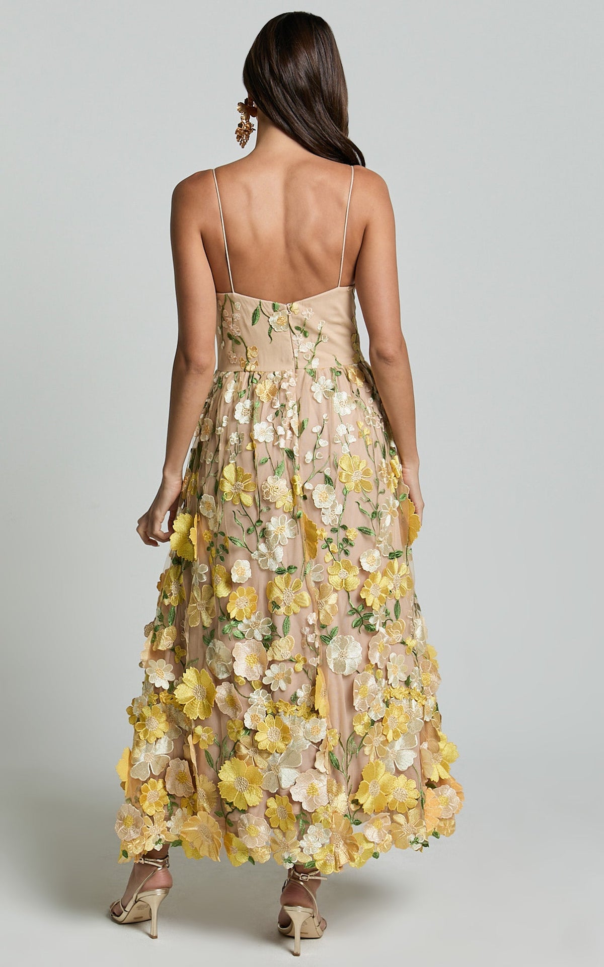 Amalie The Label - Mia Strappy Flower Detail Midi Dress in Yellow