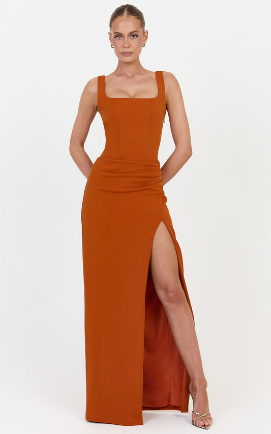 Amara Maxi Dress - Corset Bodice Lace Up Dress in Burnt Orange