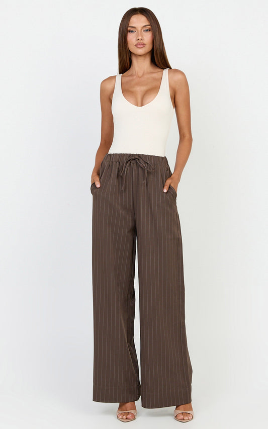 Amara Pants - High Waist Wide Leg Stripe Pants in Chocolate