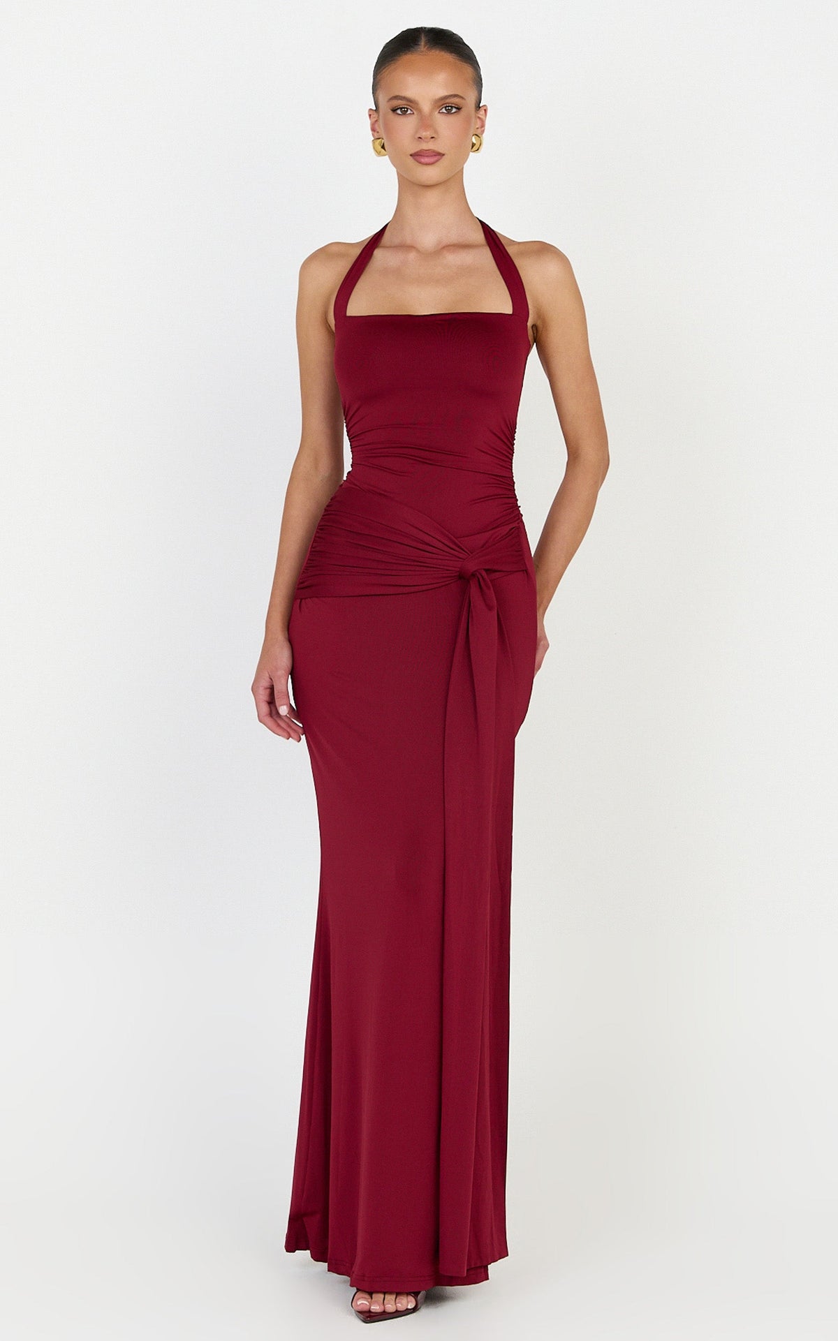 Amaya Maxi Dress - Draped Sash Halter Dress in Burgundy