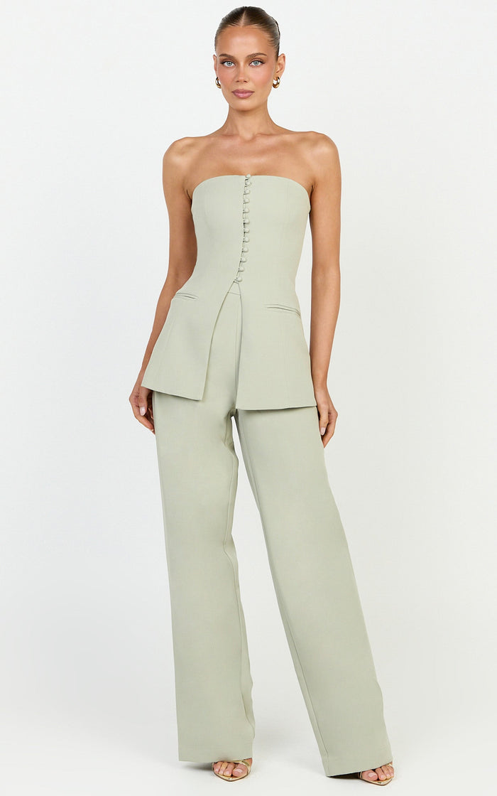 Amelia Two Piece Top and Pant Set - Strapless Button Down Top And Tailored Wide Leg Pants Set in Sage