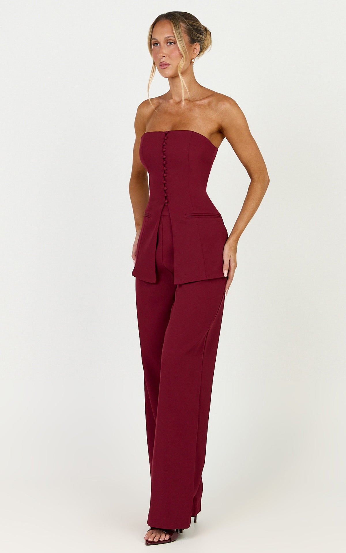 Amelia Two Piece Top and Pant Set - Strapless Button Down Top And Tailored Wide Leg Pants Set in Wine