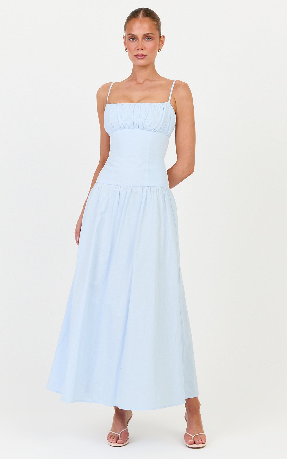 Amira Midi Dress - Gathered Bust Dropped Waist Dress in Pale Blue