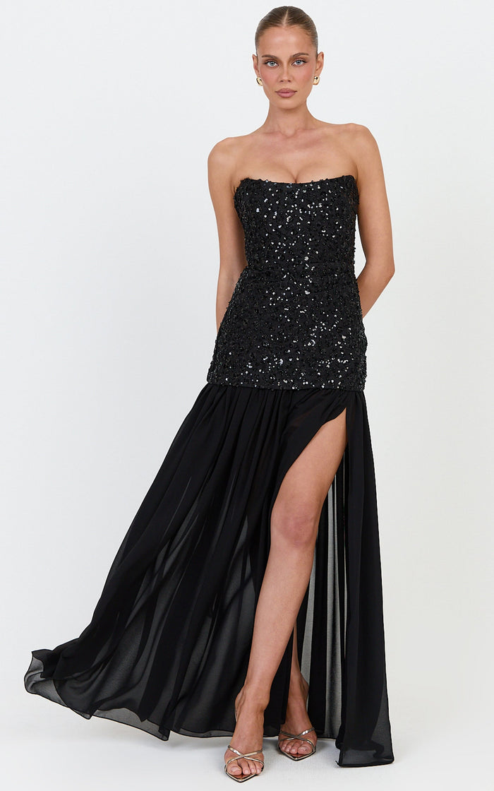 Anastasia Maxi Dress - Contrast Sequin Bodice Fit And Flare Dress in Black
